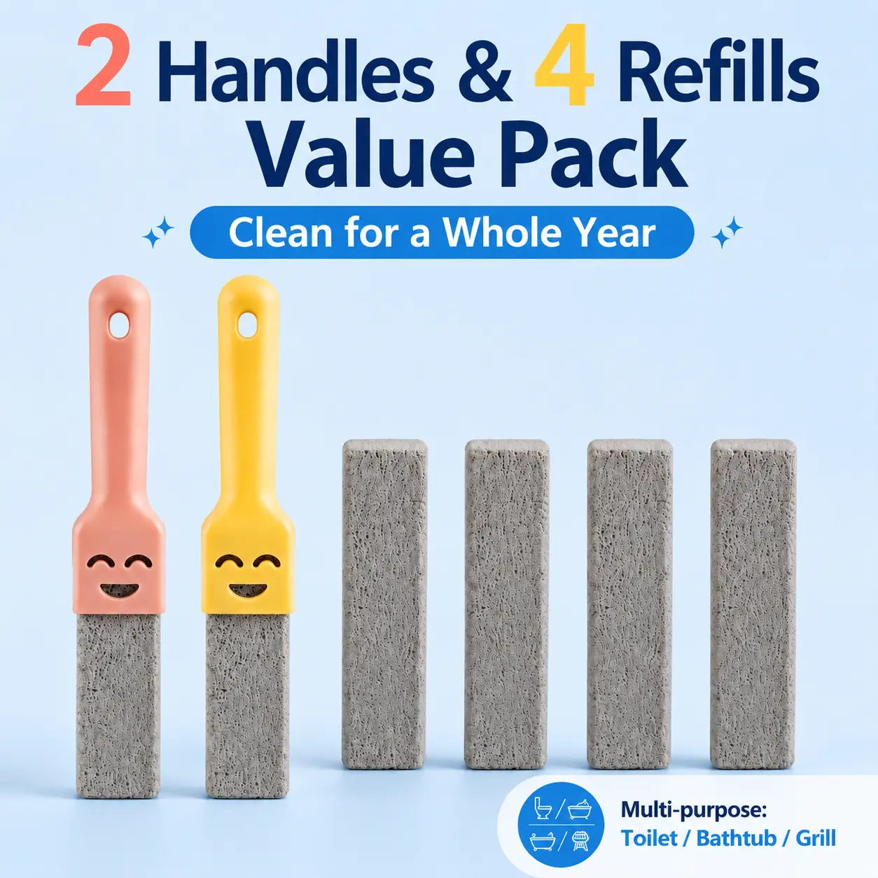 2 Handles + 4 Refills Pumice Stone Cleaning Brush Value Pack, Multi-Surface Stain Remover Brush for Toilet, Bathtub, Sink, Grill & Pool | Long Lasting Pumice Cleaning Brush Set with Extra Replaceable Refills