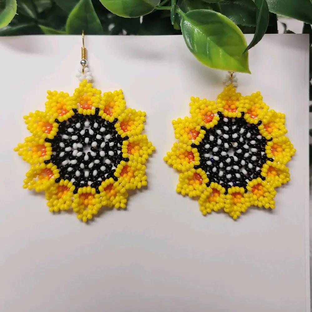 Handcrafted Sunflower Beaded Earrings - Unique Boho Jewelry