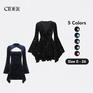 Cider Velvet V-neck Star & Moon Pattern Bell Sleeve Wizard Romper