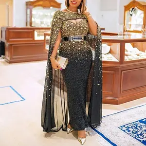 Women’s Formal Long-Sleeve Evening Gown – Sexy Cape Style with Large Swirl Design and Gold Sequins