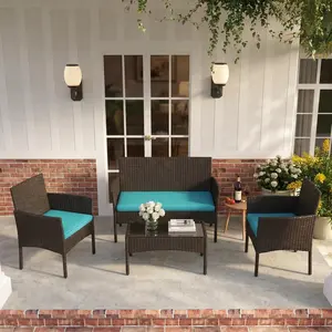 【Crazy Price】Costoffs 4-Piece Outdoor Reception Set with 1/2-Seat Sofa 2 Single-Seat Sofas & Coffee Table Patio Rattan Furniture Tempered Glass Top Cozy Garden Seating