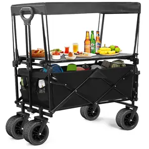 Collapsible Wagon with Table and Canopy, Large Capacity Wagons Carts, Beach Wagon with Big Wheels, Heavy Duty Beach Car Utility Wagon for Outdoor Park, Shopping, Sports, Camping, Garden