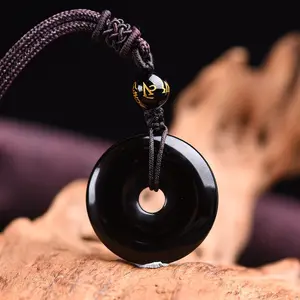 Natural Crystal Black Obsidian donut Shape Pendant Necklace for Women Men, Adjustable Length, Healing Protection, Christmas Birthday Anniversary Gift