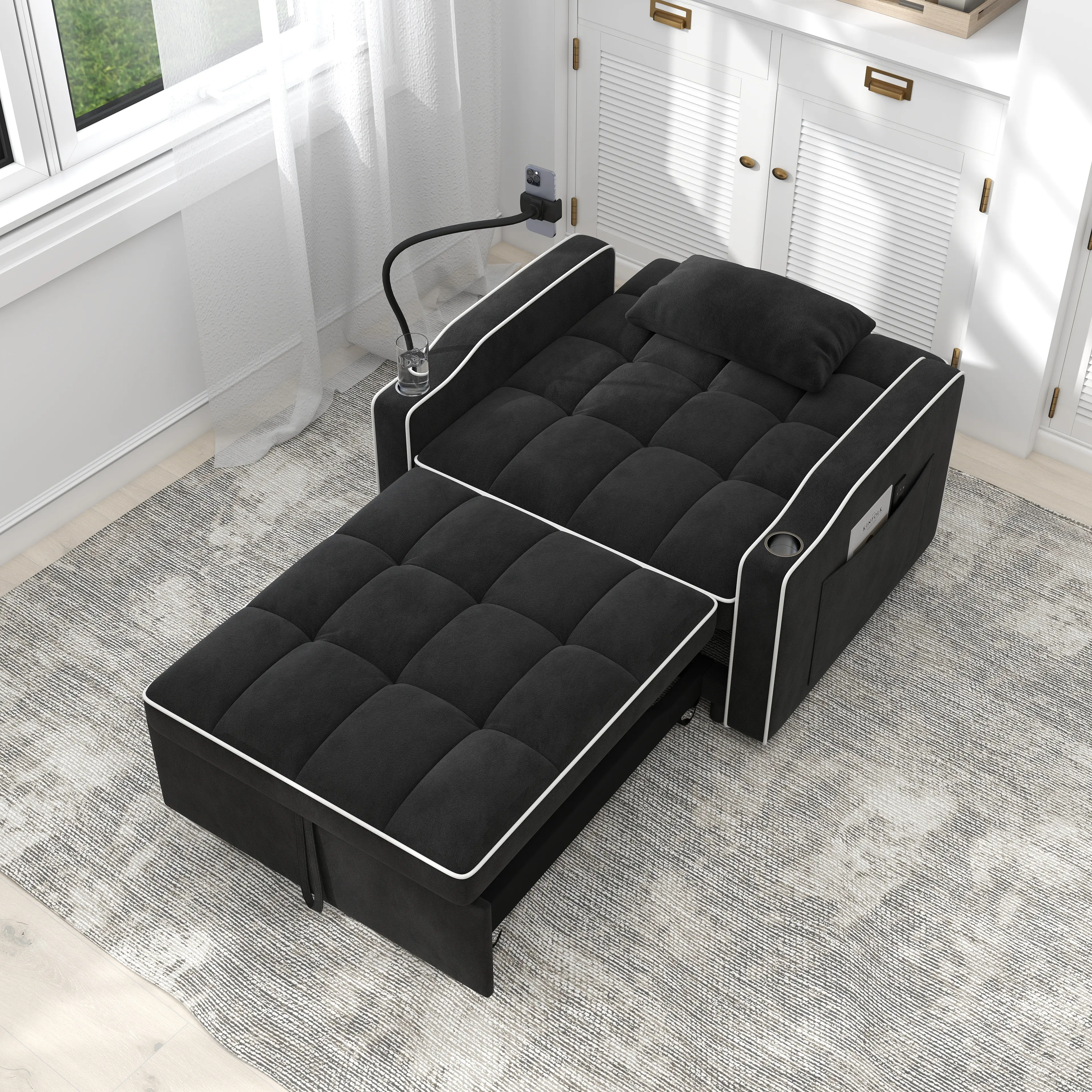 Modern Upholstered Velvet Couch Loveseat - Foldable Convertible Sofabed with Cushions, Brushed Stainless Steel Cup Holders, Phone Stands, USB Charging Ports for Living Room Decor, Boneless Couch, Boneless Couch Loveseat L Shaped Sofas Modern Upholstered S