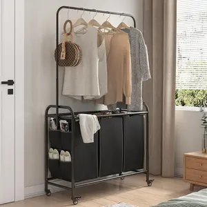 SUOERNUO Portable Rectangle Rubber Wheeled Laundry Sorter Cart - 3 Removable Bags, Lockable Rolling Wheels, Industrial Hanger, Collapsible Detachable Space Saver, Collapsible Laundry Hamper for Living Room, Bedroom