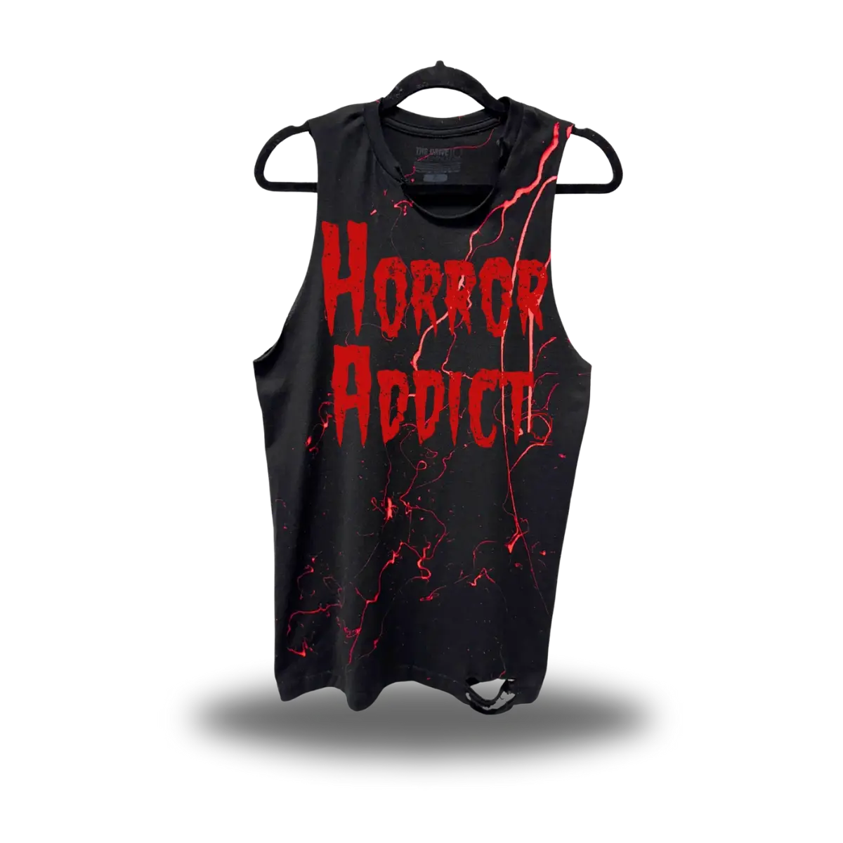 TheDriveClothing Women's Unisex HORROR ADDICT BLOOD ROAD RASH Sleeveless Tank Top - Round Neck, Hand-Cut Red Print, 100% Ring-Spun Cotton, Vintage Horror Style Streetwear, True to Size, Vintage Effect, Hand-Cut Print