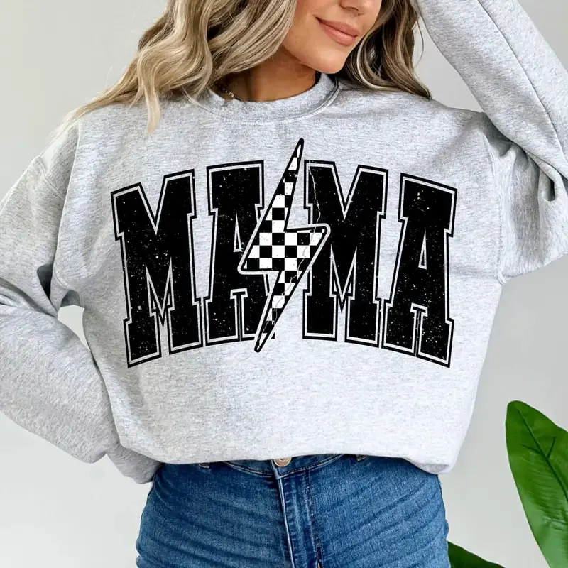 Mama Lightning Bolt Sweatshirt, a retro-inspired mama crewneck celebrating mom life with cozy style, perfect as a thoughtful and trendy gift for her.
