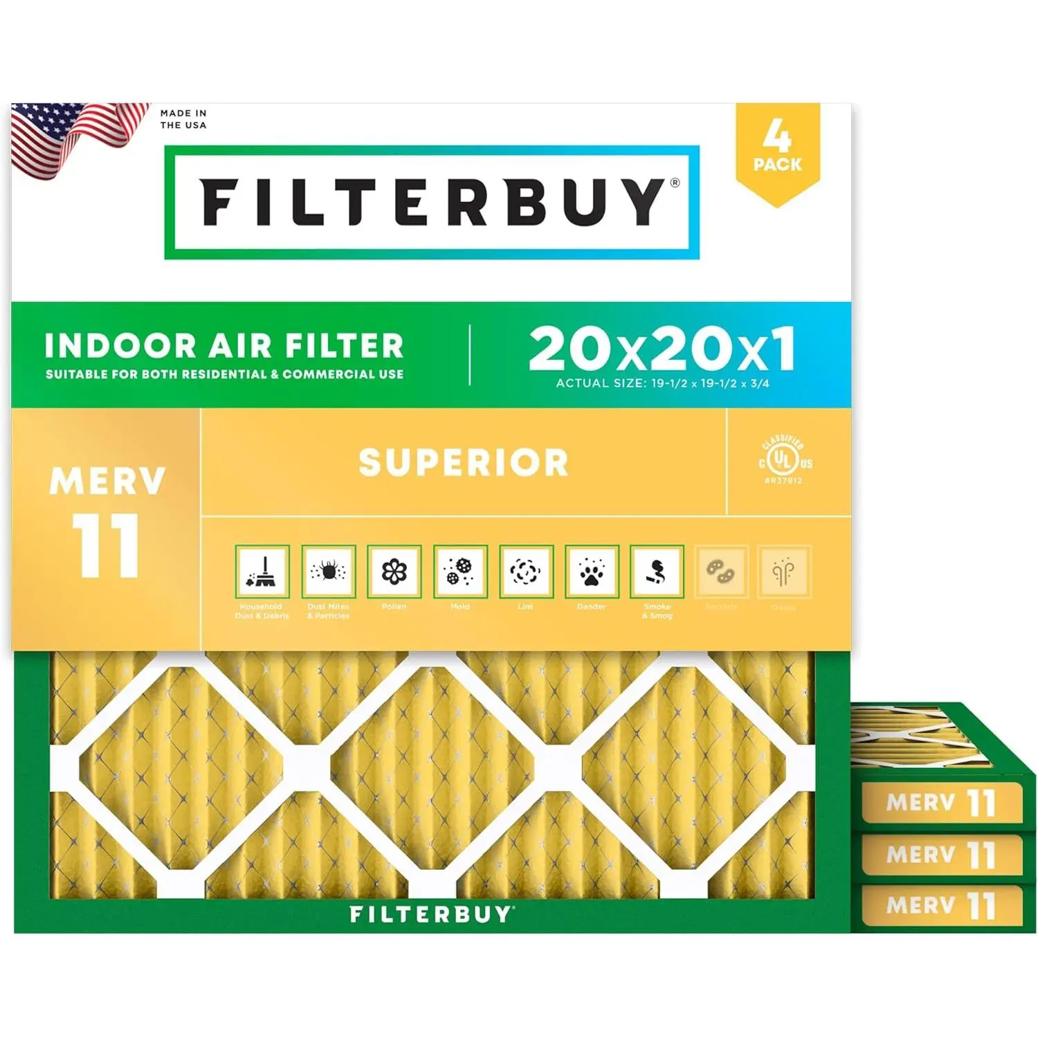 Filterbuy 20x20x1 Air Filter (4-Pack), Pleated MERV 11 Allergen Defense HVAC AC Furnace Air Filters (Actual Size: 19.50 x 19.50 x 0.75 Inches)