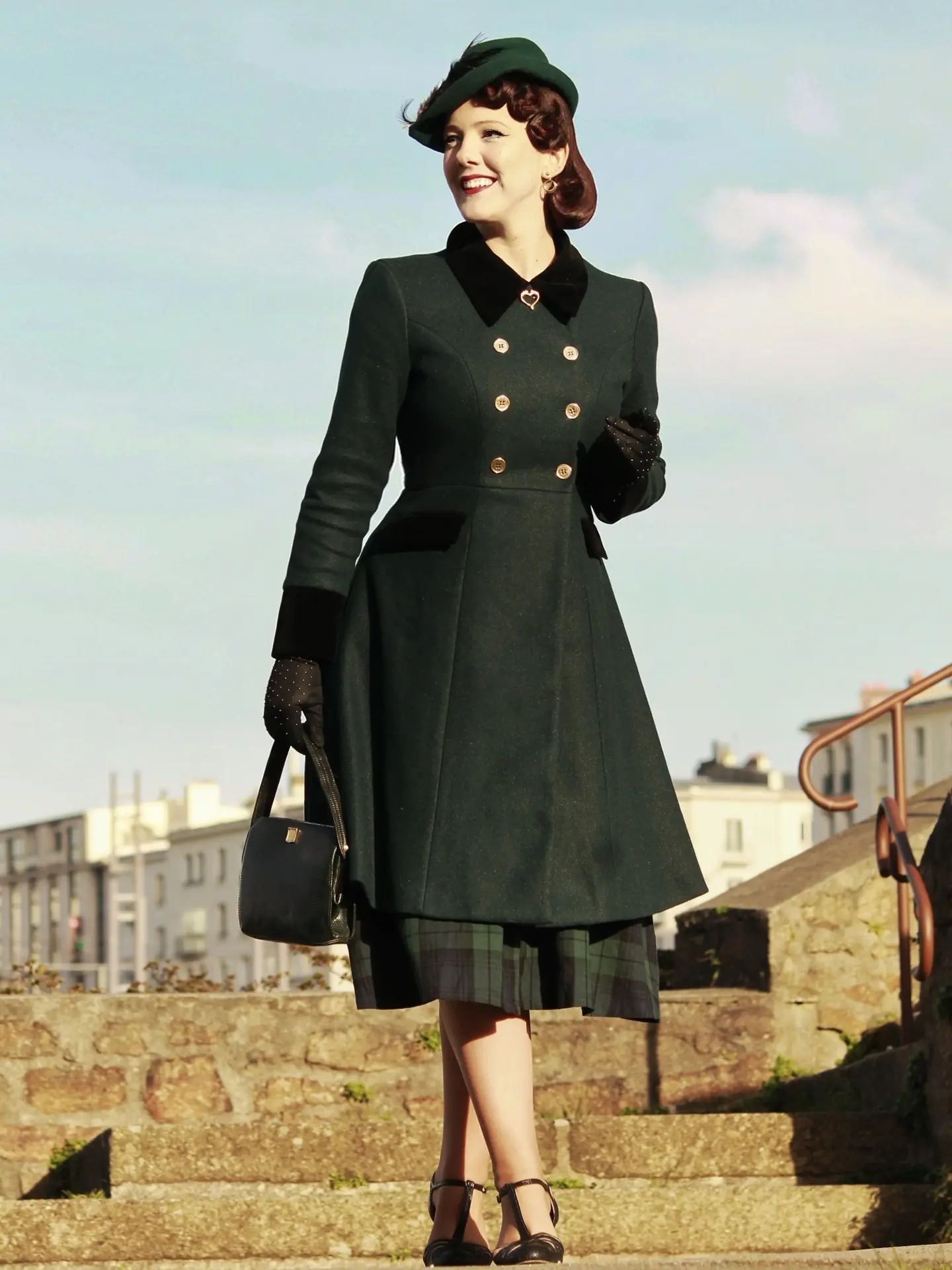 RETRO STAGE Women's 1940s Vintage Button-Up Trench Coat - Color Block, Classic Fit, Knee-Length Winter Jackets with Pockets