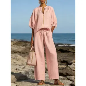 Women's 2 Piece Sweatsuit Half Zip Sweatshirt Wide Leg Sweatpants Tracksuit Cozy Travel Airport Outfit Lounge Set
