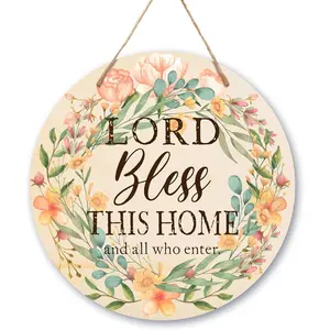 Door Signs For Home, Christian Floral Wreath Wooden Door Sign Decor, Lord Bless This Home Spring Summer Sign For Round Front Door, Farmhouse Porch For Home Decor