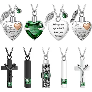 9 Pcs Heart Cross Cubic Urn Necklace for Ashes Keepsake Cremation Jewelry Stainless Steel Necklace Crystal Memorial Pendant Heart Locket Ashes Jewelry for Women Men Loved Ones, 9 Styles