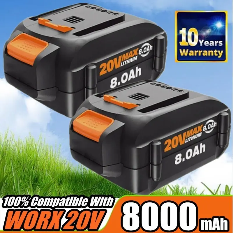 2PACK WORX 20V Power Share PRO 8.0Ah (8000mAh) Lithium-Ion Battery WA3525, 100% Brand New High-Capacity Universal Fit Lithium Replacement Batteries for Cordless Tools, with Built-In Protection Circuitry & Cycling Capability, Lithium Replacement Battery, H