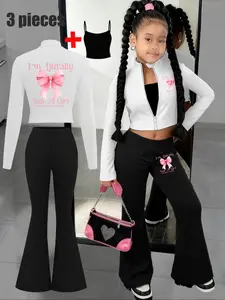 【Three-piece set】Girls' fashion pink bow pattern printed coat + flared pants + camisole three-piece set, a must-have for fashionable girls, comfortable and casual, suitable for street sweet and cool girls, excluding bags, Edc Outfits Girls