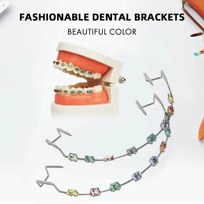 Fashion Accessory 1-Pair Oral Fake Dentistry Brackets, Metal Wires & Colorful Ligature Ties, Precise Size Temporary Minimalist Denture Decoration Set in Clinic Box (2-Piece Set), 1Pair, Two Piece Sets