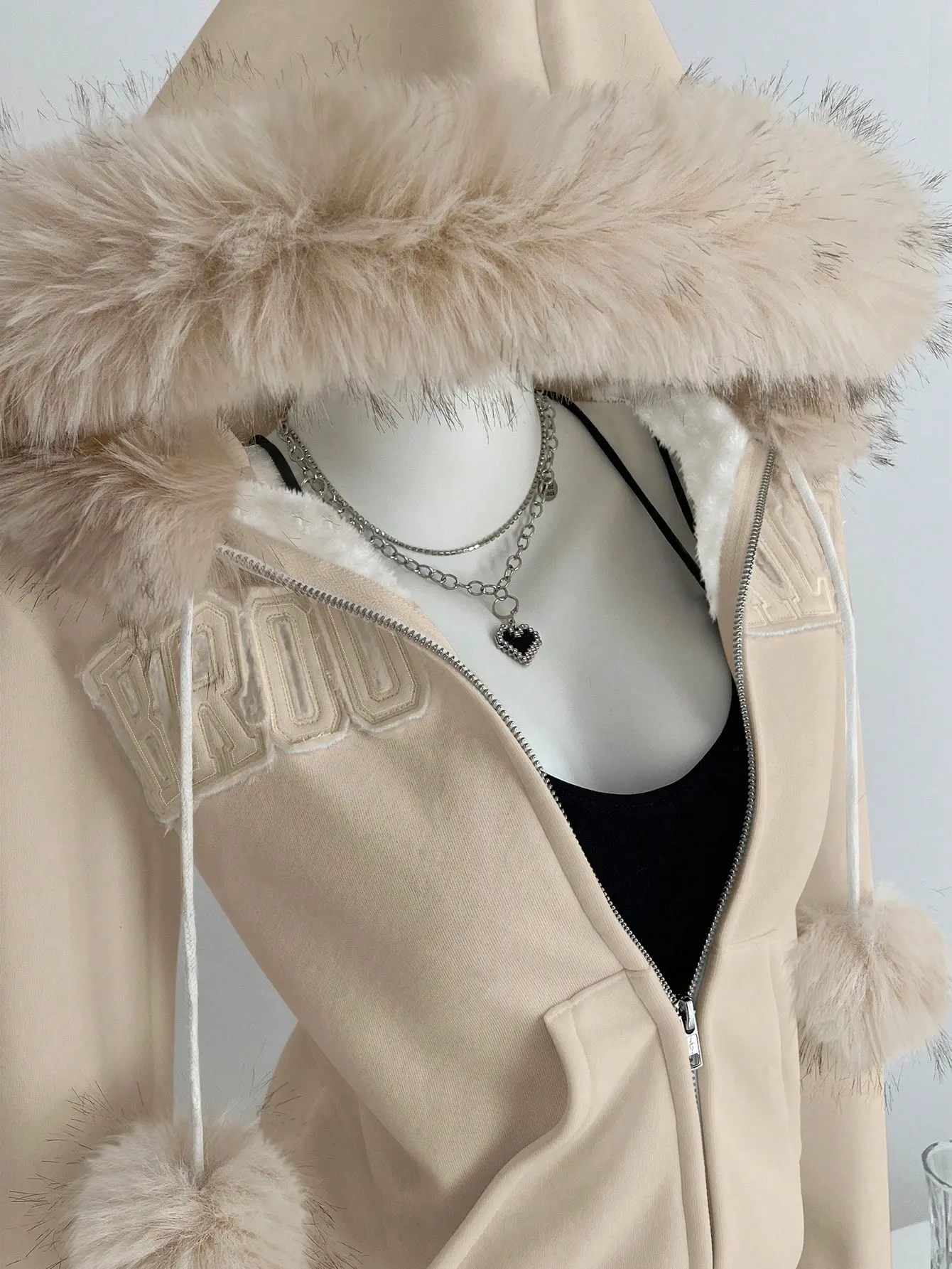 SNOBBISH Women's Jacket Winter Apricot Fleece Hoodie Faux Fur Patchwork Contrast Color Fur Collar Embroidered Pockets