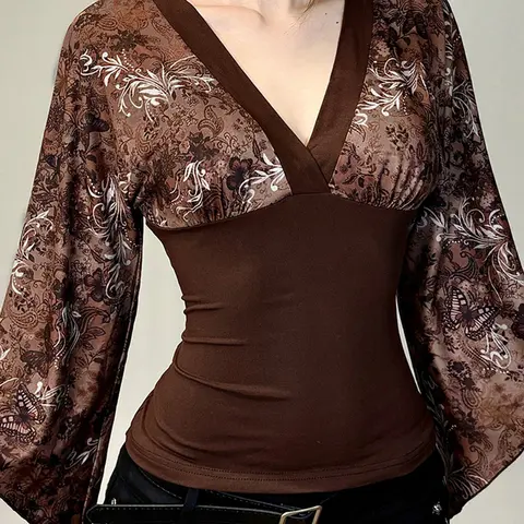 Women's Vintage Style V Neck Flounce Long Sleeve Tee, Patchwork Print T-Shirt for Fall, Casual Fashion Clothing, Classy Top