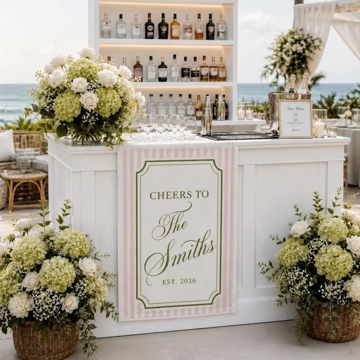 Personalized Wedding Bar Sign Cheers To Family Name, Custom Polyester Bar Runner Sign, Elegant Wedding Cocktail Sign