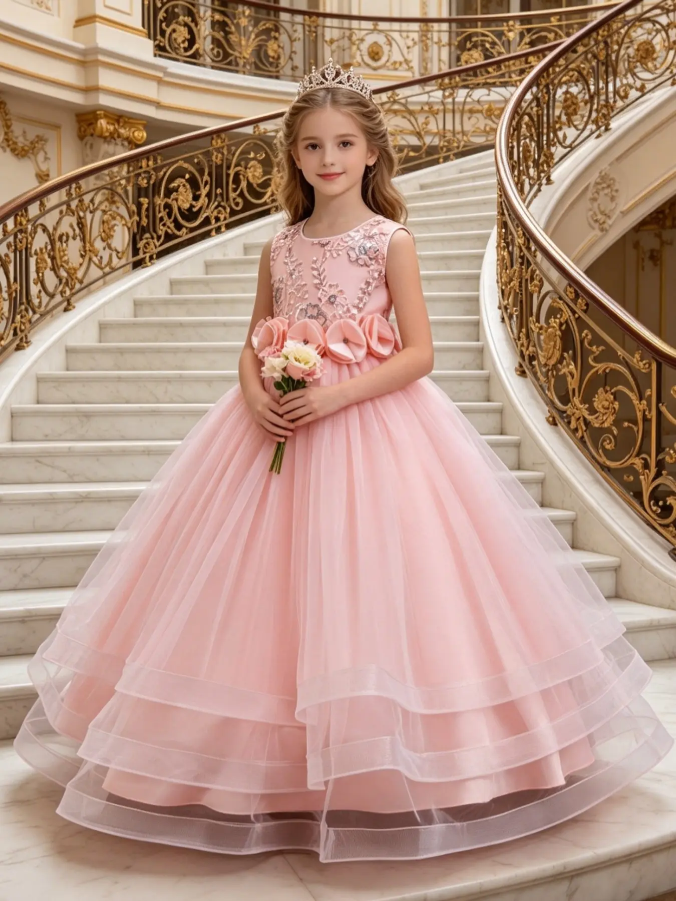 Girls' Elegant Rhinestone Dress, Long Sleeveless Fitted Princess Gown, Perfect for Weddings, Birthdays, Holidays, Shows, Piano Performances, Party Attire