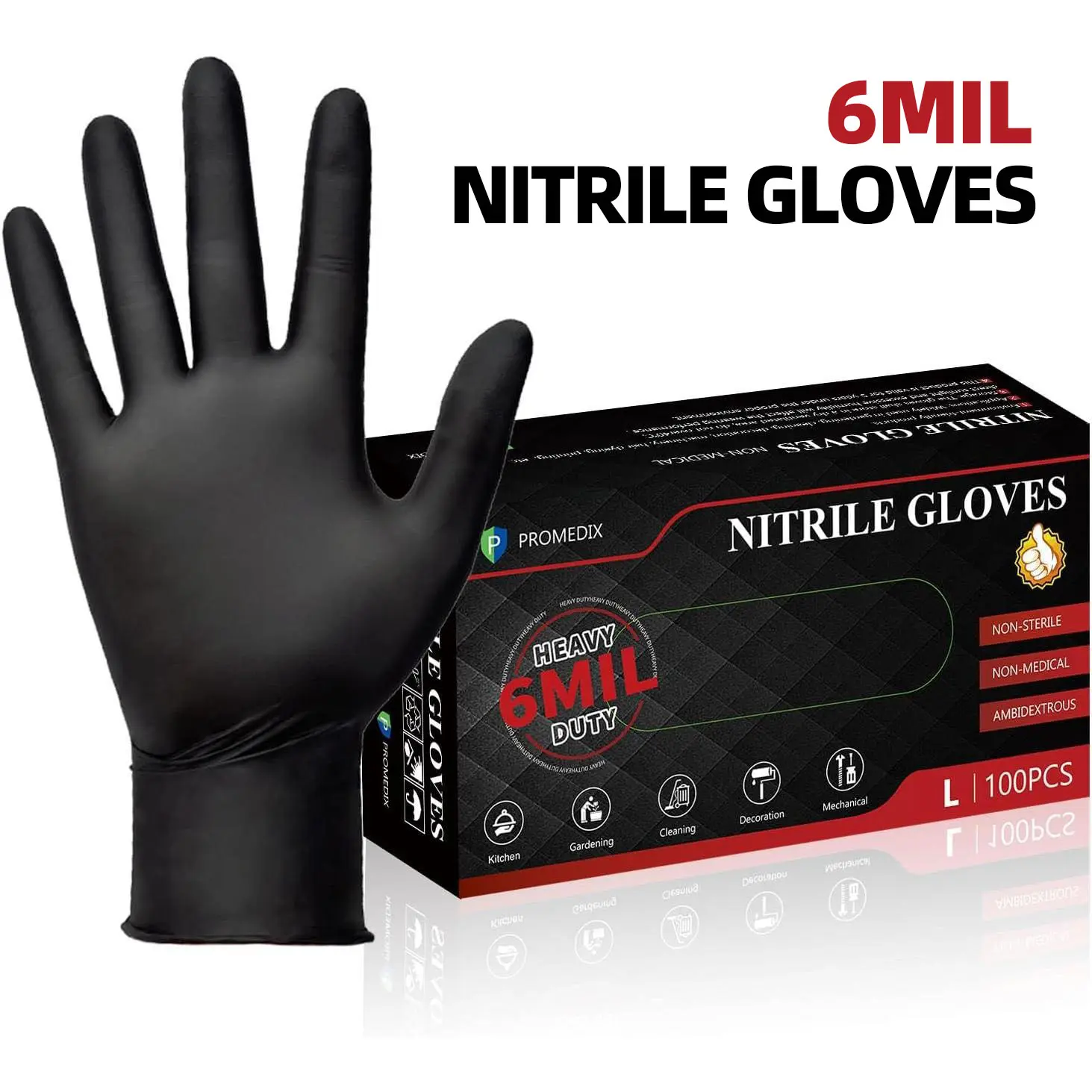 PROMEDIX P 6Mil Heavy Duty Black Nitrile Gloves Pack, 100-Count Disposable Waterproof Gloves, Latex-Free, Powder-Free, Food-Safe, Chemical-Resistant Industrial Grade for Cleaning, Kitchen, Automotive Use