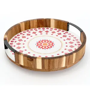 Aarti Sequeira 12" Acacia Wood Printed Turntable w/ Handles