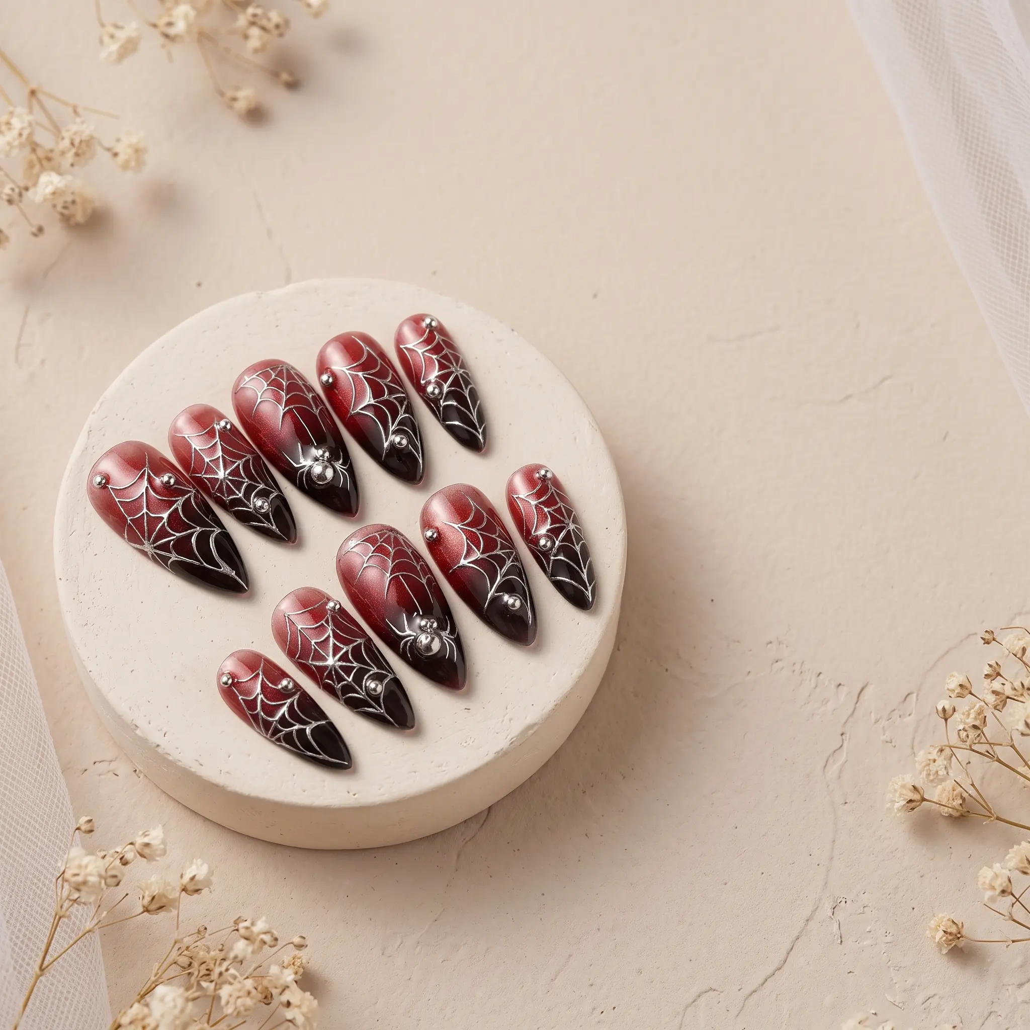 Zatvios Press On Nails, 24-Pc Gothic Stiletto Set with 3D Spider Charms & Red Cat Eye Web Design, Easy Artificial Nail Art Accessories, Artificial Set Nail Art Accessories