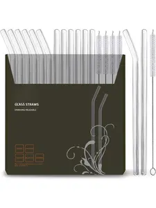 16 Pack Reusable Glass Straws,Set of 6 Straight and 6 Bent with 4 Cleaning Brush,Perfect for Smoothies,Tea, Juice, Milkshakes(8.5''x10 MM)