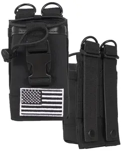 Tactical Molle Strap Radio Holster Holder Case Heavy Duty Pouch Bag for Two-Way Walkie Talkies [Quick Release Clip, Adjustable Bungee] - Black