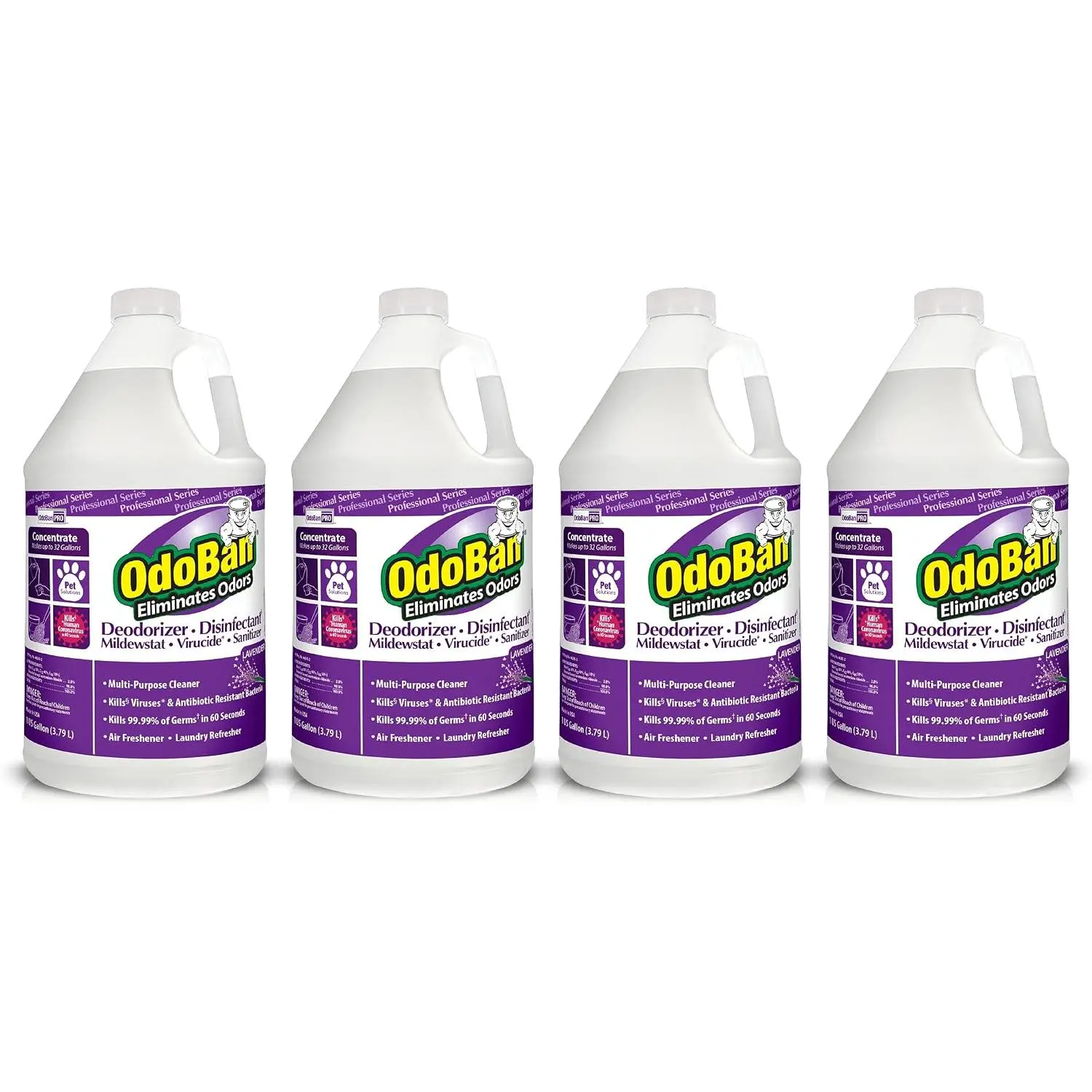 OdoBan Professional Disinfectant and Odor Eliminator Concentrate, Made in the USA, Lavender Scent, 4-Pack, 1 Gallon Each