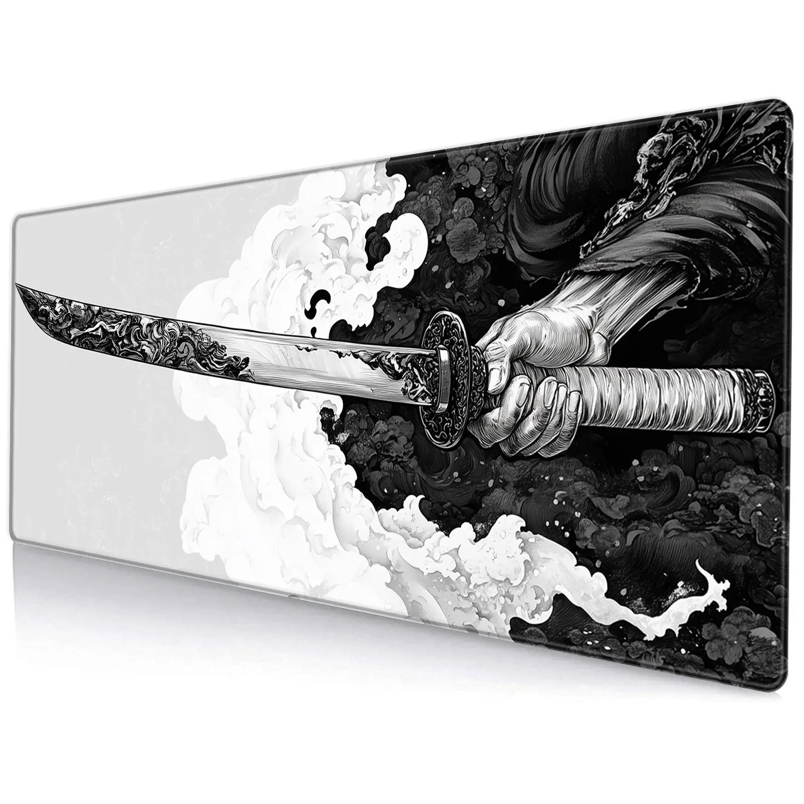 Japanese Samurai Sword Pattern Mouse Pad, Stitched Edge Design, Large Extended Computer Desk Mat, Keyboard & Mouse Pad for Gaming, Office and Home, Office Accessories
