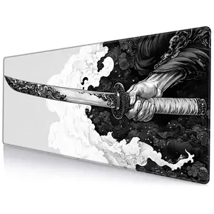 Japanese Samurai Sword Pattern Mouse Pad, Stitched Edge Mouse Pad, Large Extended Desk Keyboard Mouse Mat for Gaming, Office, Home