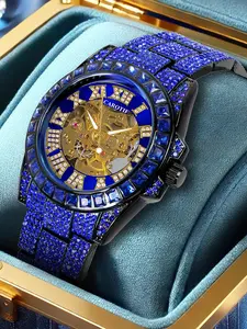 Carotif Men's High-End Fashionable Wristwatch - Blue, Roman Numerals, Sparkling Sapphire Accents, Gold Skeleton Dial Mechanical Wristwatch