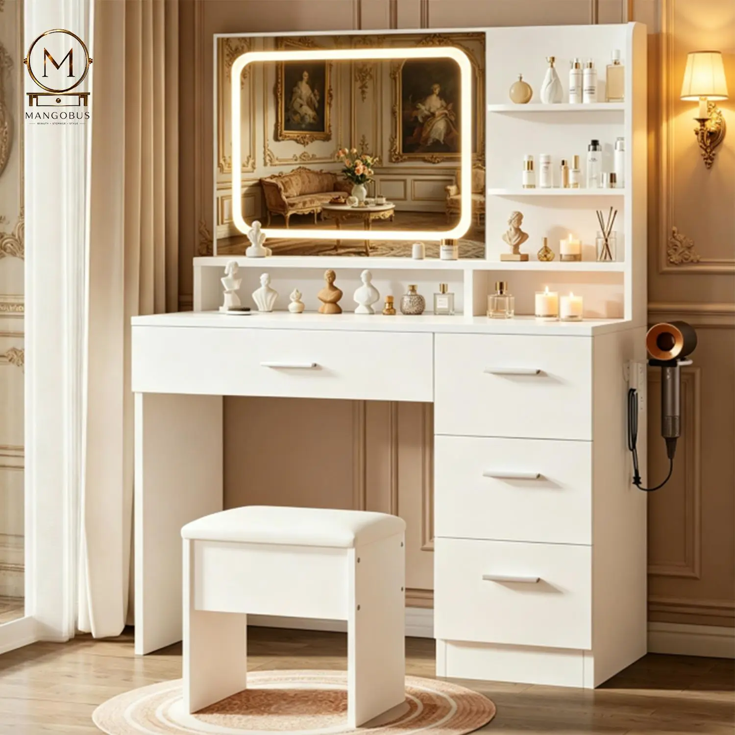 Minimalist White Makeup Vanity Set with LED-Lit Mirror, Drawer-Storage Makeup Table, Cushioned Stool, Suitable for Teens & Adults, Ideal for Home Bedrooms light Vanity With Drawers Beauty Vanity Set