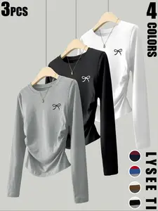 3pcs women's casual and fashionable Aesthetic slim fit small bow print details simple solid color pleated pullover shirt women's round neck long sleeved three piece T-shirt Top Butterfly