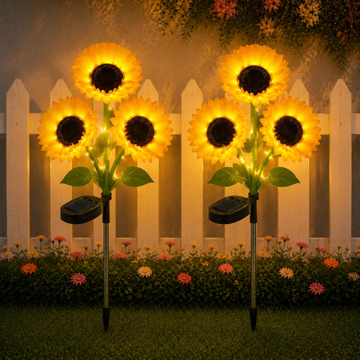 4-piece solar sunflower LED outdoor garden decoration set, includes multiple realistic sunflowers, IP64 waterproof rating. A 2-pack is suitable for Halloween, Christmas, Thanksgiving, courtyard, landscape, patio, pathways, and other outdoor lawn and garde