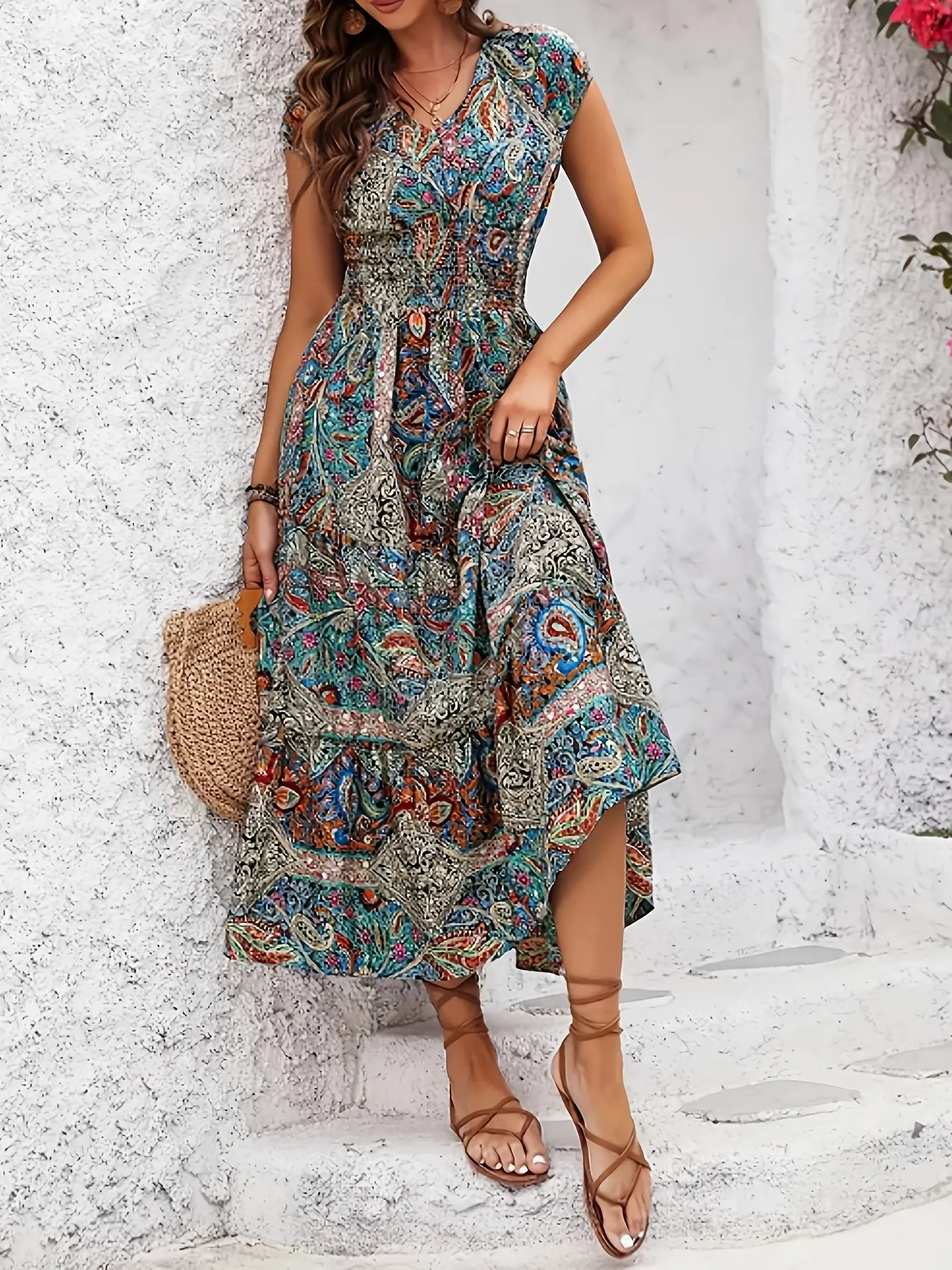 Vacation Style Boho Paisley All Over Print Dress, V Neck Elastic Waist a Line Skirt, Women's Dress, Elegant and Comfortable, Perfect for Summer, Bohemian Aesthetic Print Dress