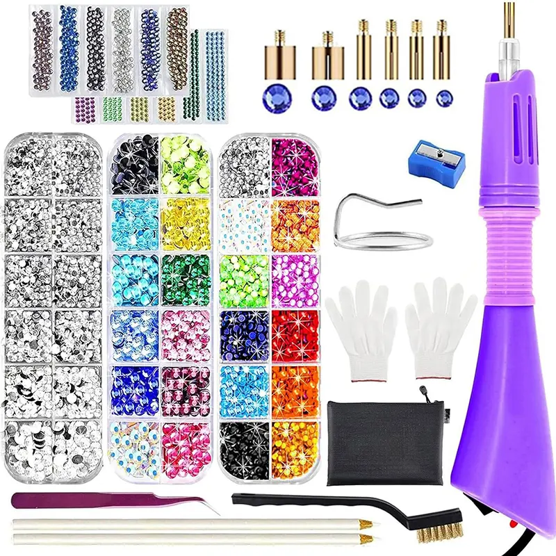 No Battery Needed DIY Bling Hotfix Applicator & Bling Rhinestone Bedazzling Kit - 5784 Rhinestones, 7 Applicator Tips, 6 Templates, Gloves, Tweezers, Brush, Carry Sleeve - Valentine's Day Crafts, Clothes Embellishment