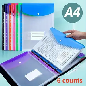 A4 Clear File Folder, 6 Counts/set High Capacity File Bag with 11 Holes Binding Ring, Portable Design File Storage Bag for School, Home, Office, Files Organizer