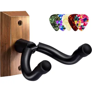 Guitar Wall Mount - Black Walnut Guitar Hanger with 5 count Picks for Acoustic, Electric, Bass, Banjo, Mandolin