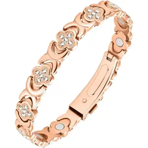 Women’s pure copper magnetic bracelet, 3800 gauss high-strength magnet bangle inlaid with shiny cubic zirconia, adjustable elegant fashion charm jewelry