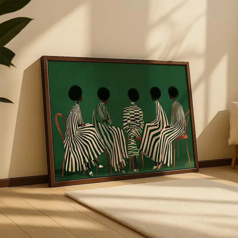 Afrocentric Black Woman Wall Art Print, Green Stripe Abstract Poster, African American Home Decor, Melanin Queen Artwork Gift