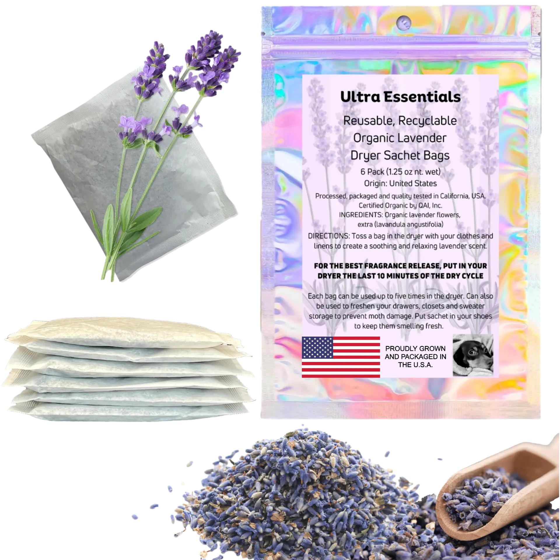 Lavender Sachets for Dryer, Closet & Drawer Fragrance, Freshens Laundry Up to 5 Cycles, Odor Eliminator for Pets, Shoes, Gym Bags, & Cars, Sweater Storage with Premium Extra Dried Flowers (6 Pack)