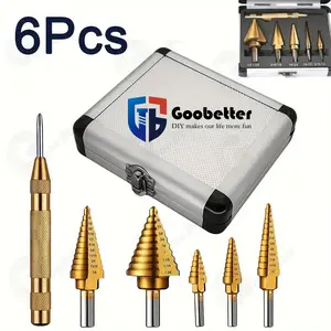 6 Piece/Set 5 Piece HSS Titanium 50 Piece Size 5 Step Drill Bit Set with 1 Piece Automatic Spring Loaded Center Punch Round Hole Cutter X-Mouth Metal Set for Precision Drilling of Wood and Metal - Home DIY and Professional Use dad gift