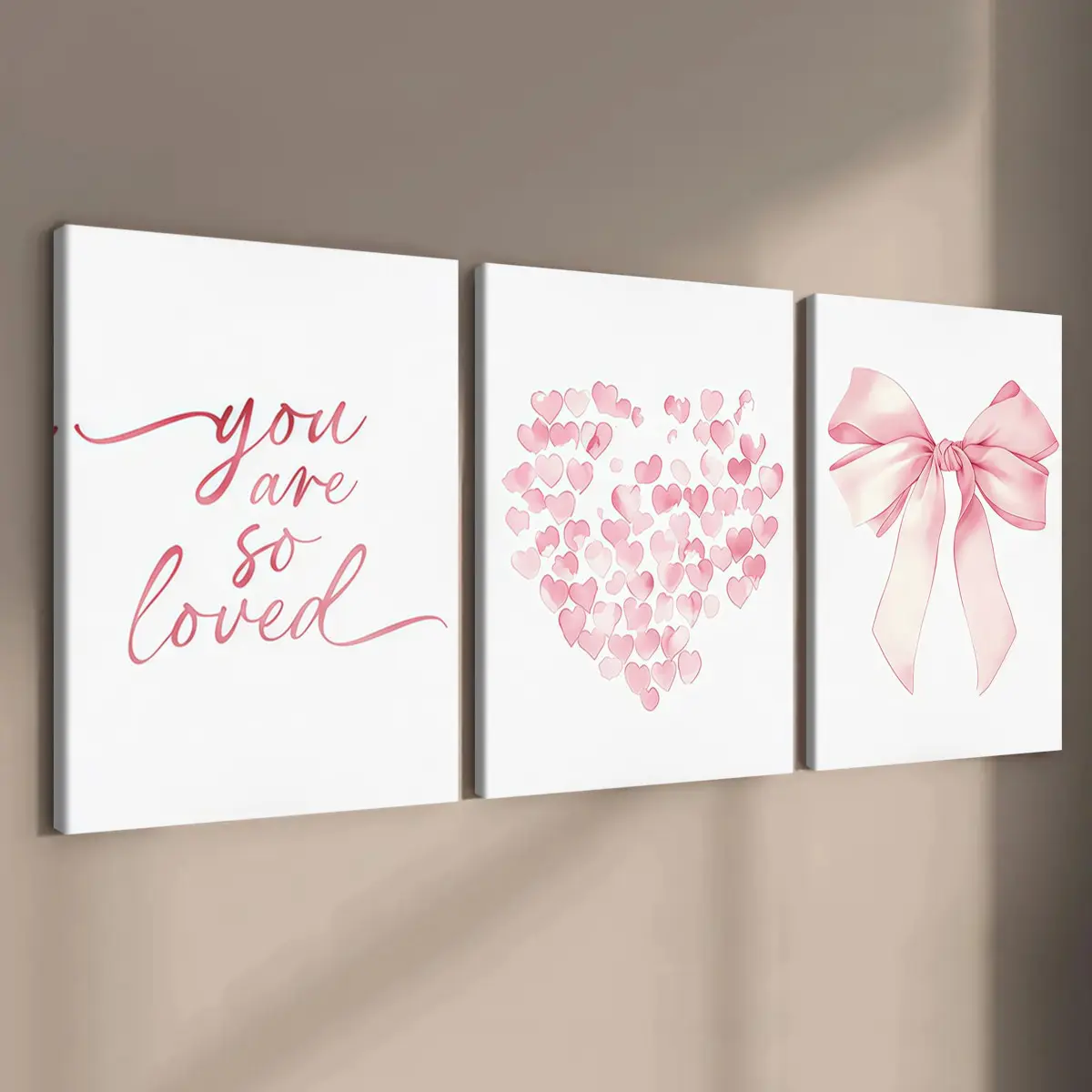 3-count wooden frame canvas, pink heart and bow three-piece decorative poster, girlish and Valentine's Day romantic decoration, Modern home decoration, wall, Aesthetic Wall Decor, living room decoration art, Aesthetic Girly Art
