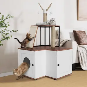 48.8-Inch 2-in-1 Wooden Enclosed Litter Box Enclosure with Odor Control & Privacy Boost, Space-Saving Multi-Level Tall Cat Furniture, Large Indoor Adult Cat Tower with Scratching Post, Hanging Ball