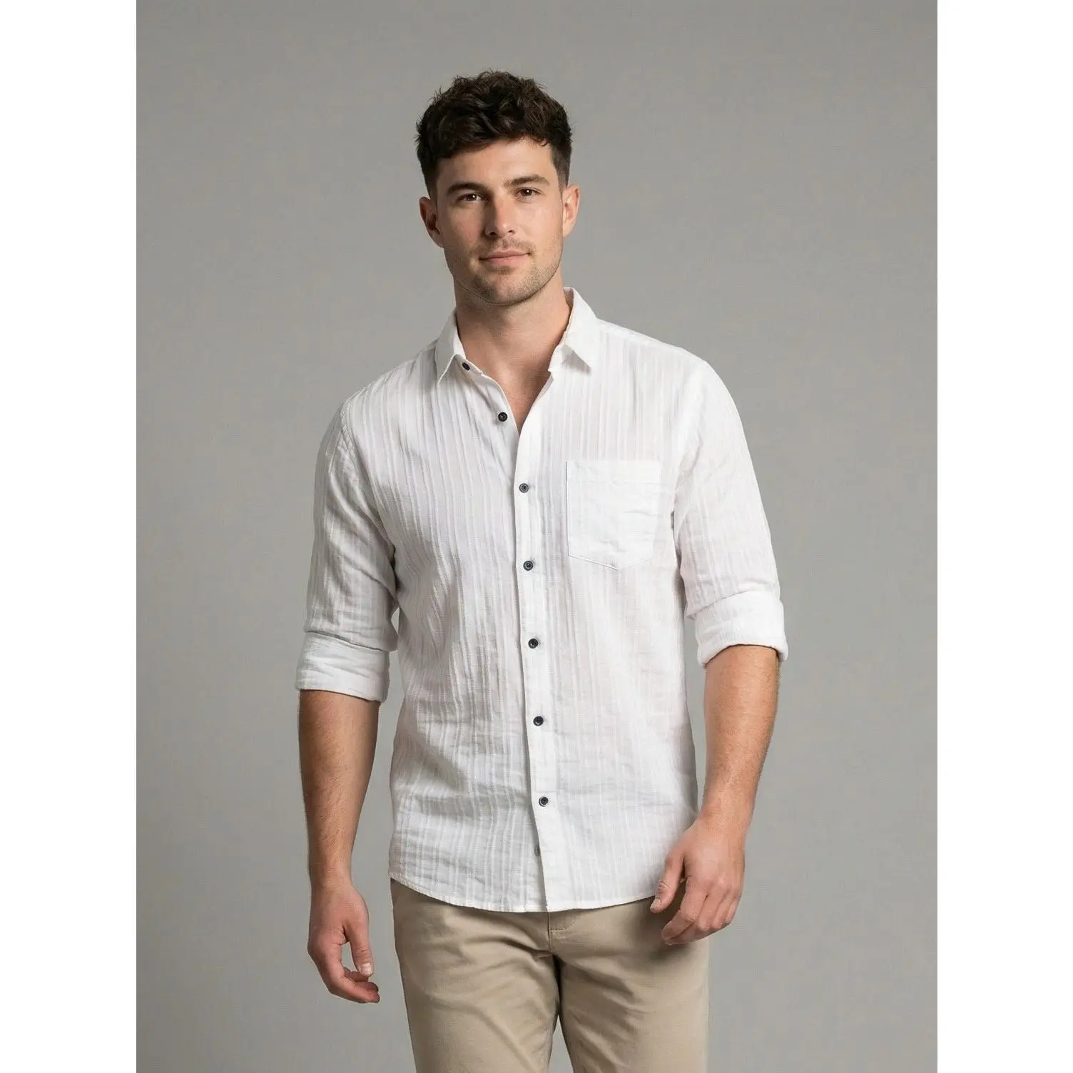 Men's White Textured Long Sleeve Button Down Casual Shirt