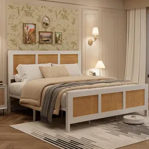 King Size Bed Frame with Headboard,Boho Rattan Bed Frame with Strong Metal Slat,Noise Free,No Box Spring Needed,White and Natural