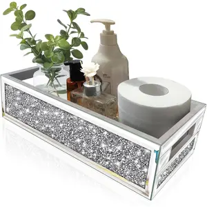 Bathroom Basket Toilet Tank,Crushed Diamond Mirrored Bathroom Tray Wall-Mounted,Silver Storage Organizer fits Dresser Bedroom,Bathroom,Coffee Table.(15"x7"x3.8")