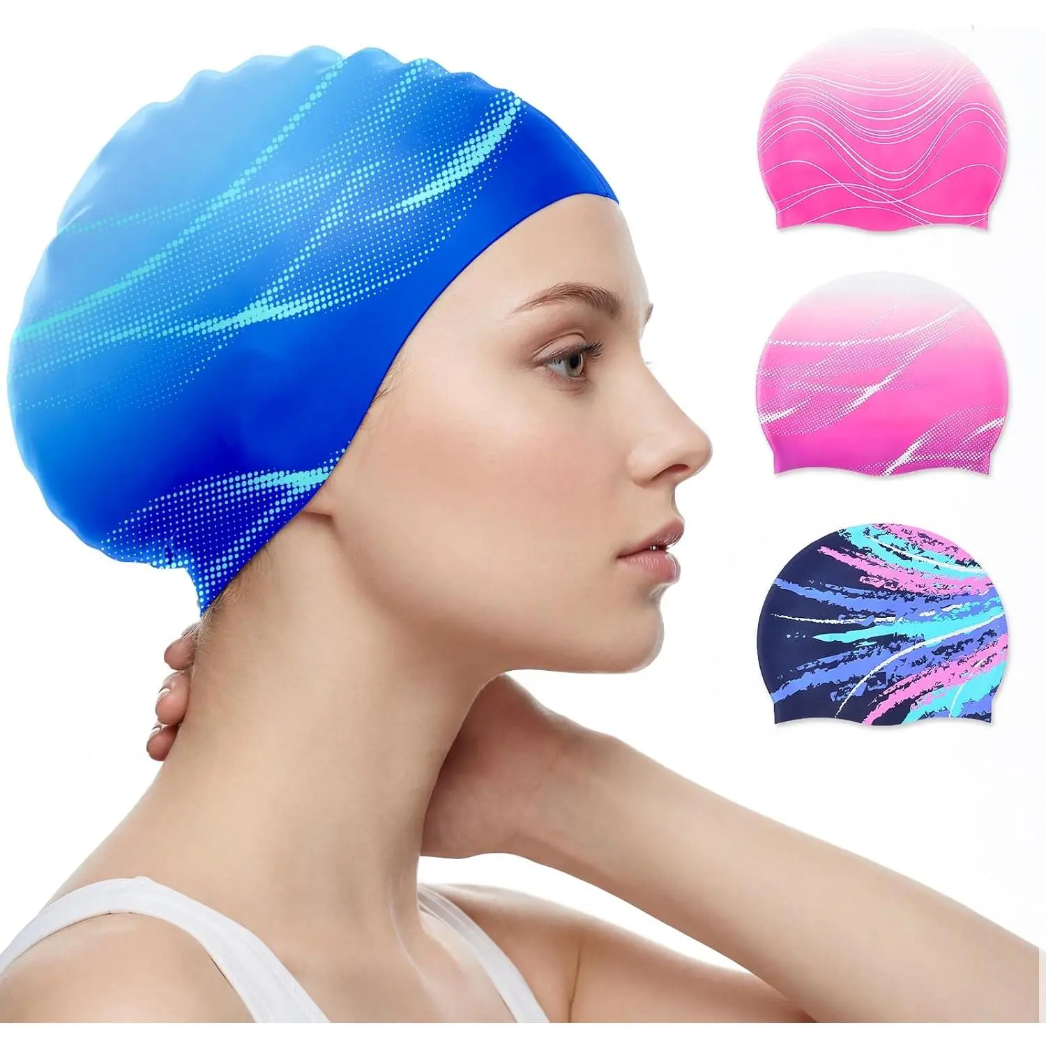 Solid Silicone Swim Cap for Women with Long Hair, Waterproof Design for Swimming to Protect and Keep Hair Dry, Swimwear