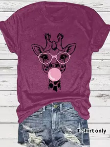 Women's Giraffe Print Animal Print Round Neck Tee, Fashion Casual Bubble Gum Design Fitted Short Sleeve T-shirt for Daily Wear, Ladies Summer Clothes Tops Womenswear